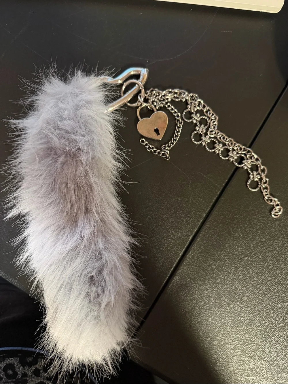 Free People Gray Faux Fur Pom Keychain with Heart Lock Charm